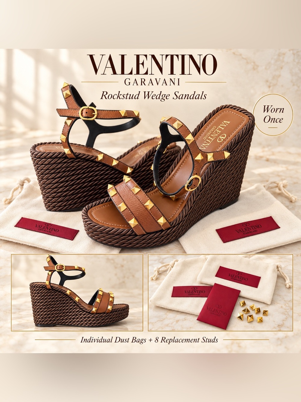 Valentino Garavani Rockstud Brown Leather Platform Wedge Sandals EU 40